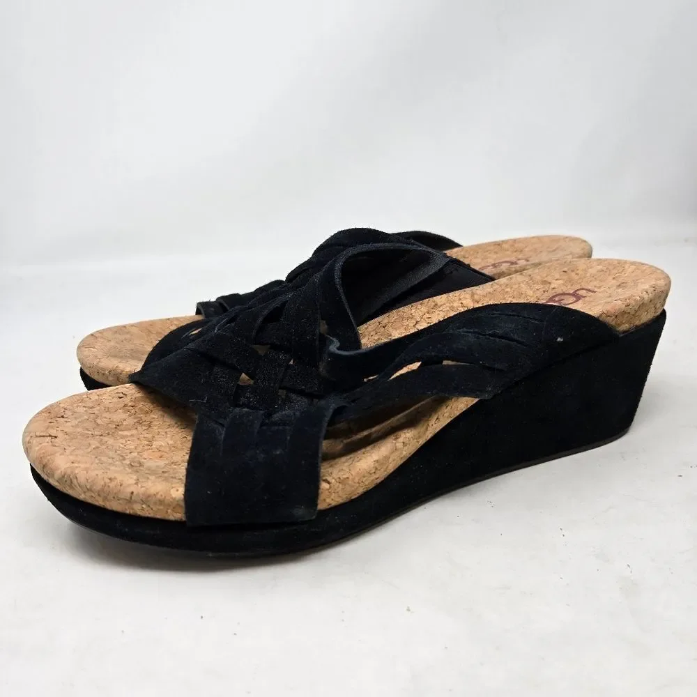 UGG Women's Lilah Black Weave‎ Cork Wedge Sandals Size 9